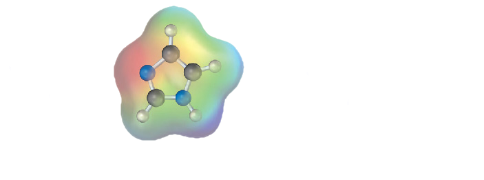Line-angle structure, ball-and-stick model, and electrostatic potential map of imidazole along with line-angle structure of histidine.