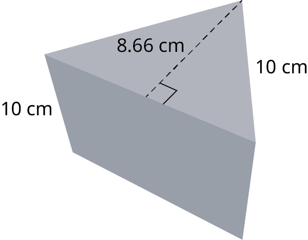 An equilateral triangular prism. The sides of the triangle measure 10 centimeters. The height of the triangle measures 8.66 centimeters. The length of the prism measures 10 centimeters.