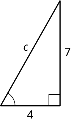 A right triangle with its legs marked 7 and 4. The hypotenuse is marked c. The angle made by the hypotenuse and the horizontal leg is marked.