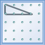 The figure shows a grid of evenly spaced pegs. There are 5 columns and 5 rows of pegs. A rubber band is stretched between the peg in column 1, row 1, the peg in column 1, row 2 and the peg in column 4, row 2, forming a right triangle. The 1, 2 peg forms the vertex of the 90 degree angle and the line from the 1, 1 peg to the 4, 2 peg forms the hypotenuse of the triangle.