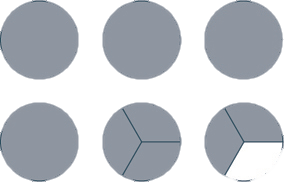 A grid of six circles illustrating fractions. The top row shows whole circles. The bottom row progresses from a whole circle to one divided into thirds, ending with two-thirds shaded.