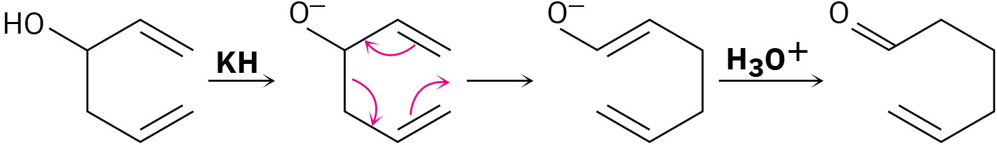 Hexa-1,5-dien-3-ol reacts in potassium hydride. Deprotonation is followed by Cope rearrangement to hexa-1,5-dien-1-oxide. Hydronium workup produces 5-hexenal.