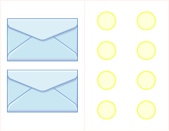 Two light blue envelopes are paired with eight light yellow circles arranged in two columns of four on a white background.