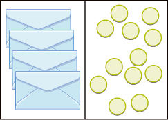 This image has two columns. In the first column are four envelopes. In the second column there are 12 blue circles.