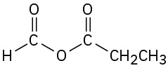 The structure of formic propanoic anhydride shows two carbonyl groups linked by an oxygen atom. A hydrogen atom is attached to one of the carbonyls and an ethyl group to the other.