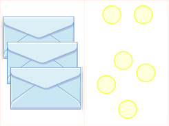 This image has two columns. In the first column are three envelopes. In the second column there are six blue circles.