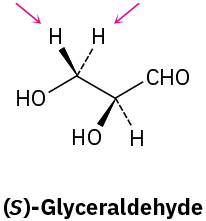 The wedge-dash structure of (S)-glyceraldehyde. Two arrows point toward the hydrogen atoms bonded at C3.