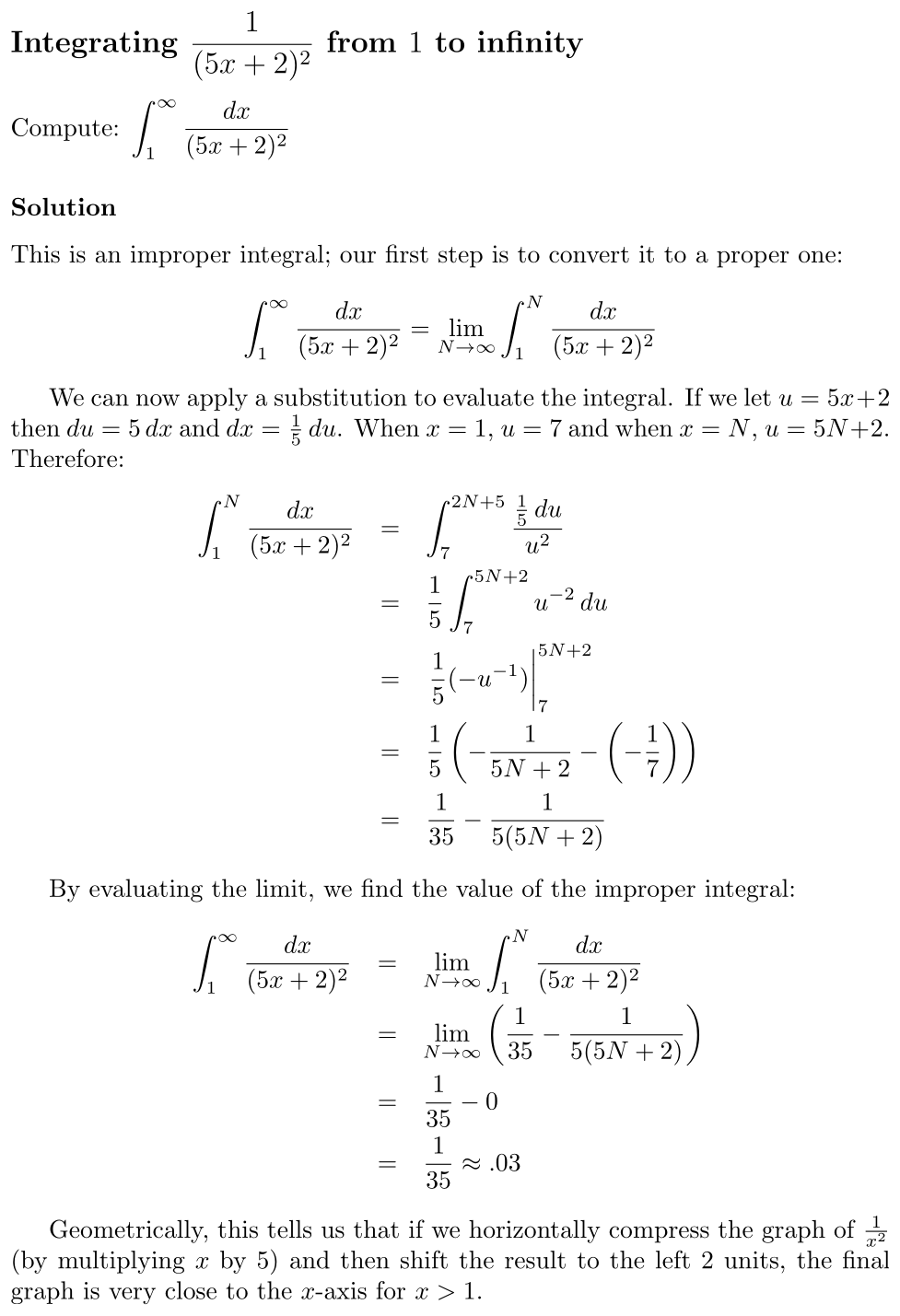 Answer Integrating 1/(5x + 2)² from 1 to infinity