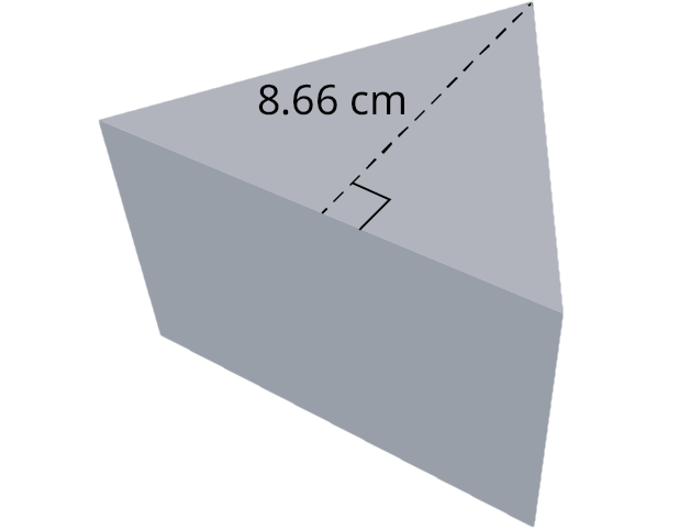 An equilateral triangular prism. The sides of the triangle measure 10 centimeters. The height of the triangle measures 8.66 centimeters. The length of the prism measures 10 centimeters.