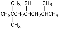 A seven-carbon chain. Counting from the left, there are two methyl groups on the second carbon and one on the sixth, and an S H group on the fourth carbon.