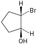 Cyclopentane ring with hydrogen on wedge and bromine on dash. On the adjacent (clockwise) carbon, hydroxyl on wedge and hydrogen on dash.