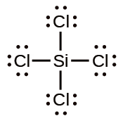 A Lewis structure shows a silicon atom that is single bonded to four chlorine atoms. Each chlorine atom has three lone pairs of electrons.