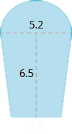 A blue geometric shape is shown. It appears to be two trapezoids with a semicircle at the top. The base of the semicircle is labeled 5.2. The height of the trapezoids is labeled 6.5. The combined base of the trapezoids is labeled 3.3.