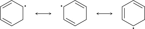 Three resonance structures of cyclohexadienyl radical.