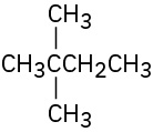 The molecular structure of 2,2-dimethylbutane that has one quaternary and one secondary carbon is presented.