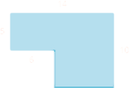 A blue geometric shape is shown. It looks like a horizontal rectangle attached to a vertical rectangle. The top is labeled as 14, the width of the horizontal rectangle is labeled as 5. The side is labeled as 10, the width of the missing space is labeled as 6.