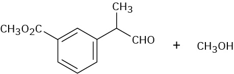 The structure of benzene with C 1 linked to C H connected to methyl and aldehyde group, C 5 position has an acetate group, plus ethanol.