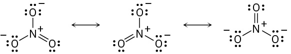 Three different resonance forms of nitrate anion featuring a nitrogen atom at the center and separated by two double-headed arrows.