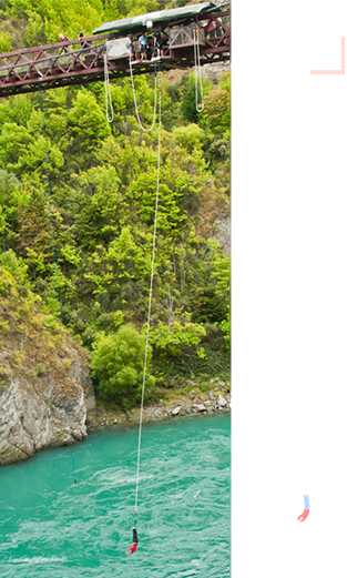 A photograph of a person bungee jumping from a bridge above a river is accompanied by an illustration of the situation. The illustration shows the jumper at the his lowest position, and the bungee stretched by a distance l minus l sub zero.