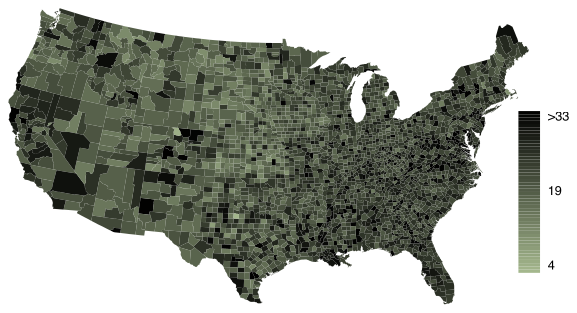 A spatial intensity map is shown of the United States. The legend for the shading runs from values of 4 to about 33. The shading for the eastern half of the country suggests slightly higher values, while the western portion of the upper midwest (North Dakota, South Dakota, and Nebraska) shows lower values. Other specific regions that show patterns of higher values than surrounding areas are in lower Florida and northern California.