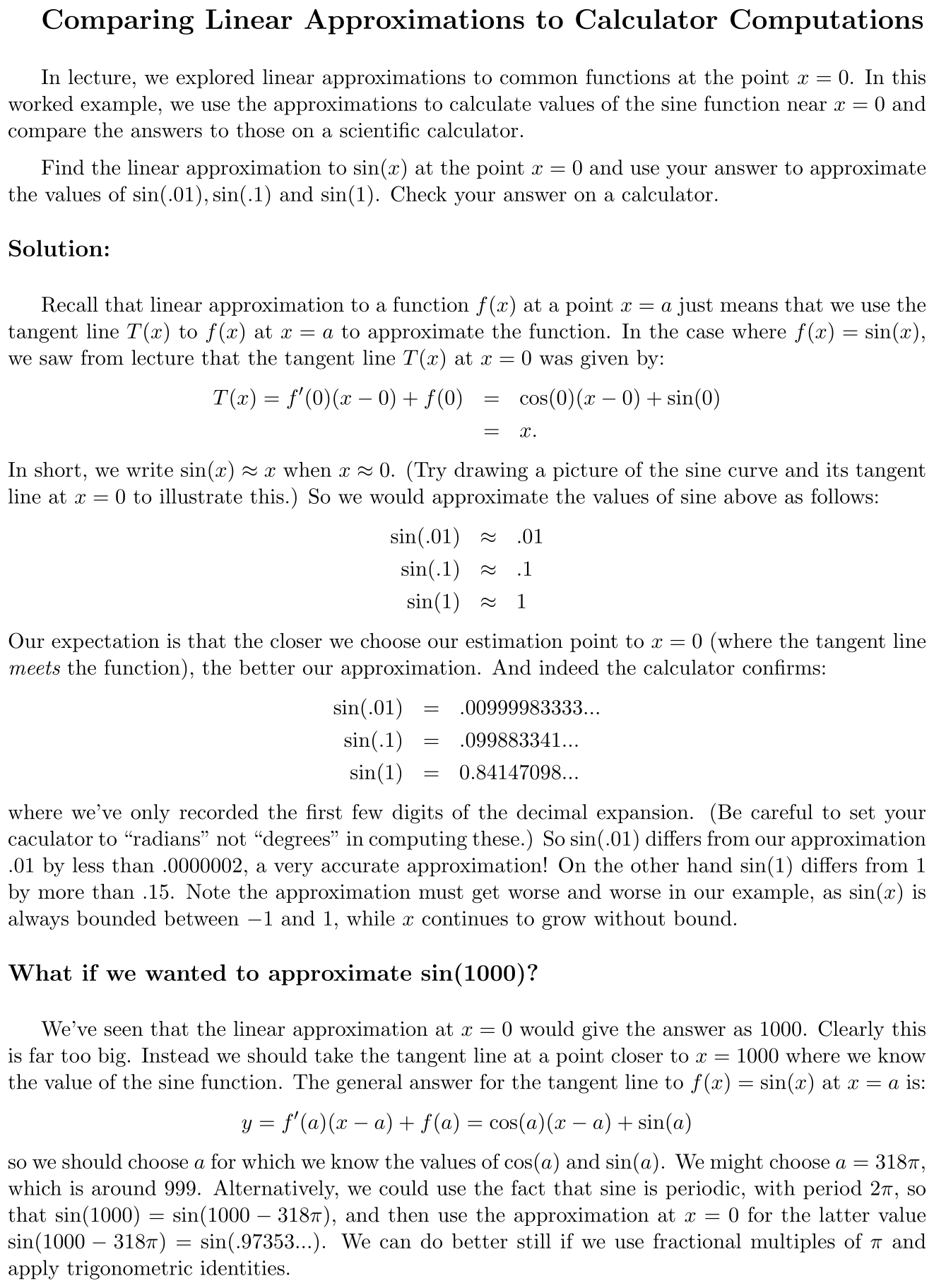 Answer Comparing Linear Approximations to Calculator Computations