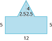 A blue geometric shape is shown. It looks like a rectangle with an equilateral triangle attached to the top. The base of the rectangle is labeled 12, each side is labeled 5. The base of the triangle is split into two pieces, each labeled 2.5.