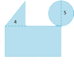 A geometric shape is shown. It is a rectangle with a triangle attached to the top on the left side and a circle attached to the top right corner. The diameter of the circle is labeled 5. The height of the triangle is labeled 5, the base is labeled 4. The height of the rectangle is labeled 6, the base 11.