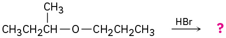 Two propyl groups are linked via ether linkage where methyl is linked to C 1. It reacts with hydrogen bromide to form unknown product(s), depicted by a question mark.