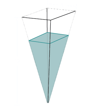 An upside-down square pyramid is shown with square side lengths 4 and height 12. There is an unspecified amount of water inside the shape.