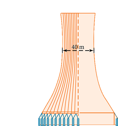 Project design for a natural draft cooling tower. The overall height is 167.082 meters. The diameter at the top is 60 meters, and at their closest, 79.6 meters from the top, the sides are 60 meters apart.