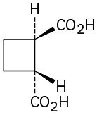 The structure of trans-1,2-cyclobutanedicarboxylic acid. C O O H groups are attached to C 1 and C 2 of a cyclobutane ring, trans to one another.