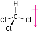 The chemical structure of trichloromethane, where the direction of the resulting dipole moment points from hydrogen toward chlorine.