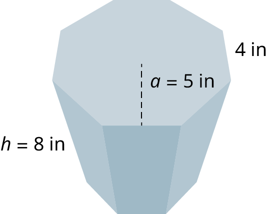 An octagonal prism. Each side of the octagon measures 4 inches. The height of the prism measures h equals 8 inches. The apothem is marked a equals 5 inches.
