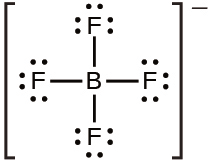 This Lewis structure is composed of a boron atom single bonded to four fluorine atoms, each of which has three lone pairs of electrons. The structure is surrounded by brackets, and a negative sign appears as a superscript outside the brackets.