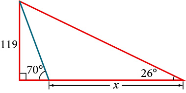 A right triangle with side of 119 and angle of 26 degrees. Within right triangle there is another right triangle with angle of 70 degrees instead of 26 degrees. Difference in side length between two triangles is x.