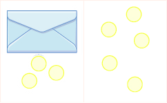 This image is divided into two parts: the first part shows an envelope and 3 blue counters and the next to it, the second part shows five counters.