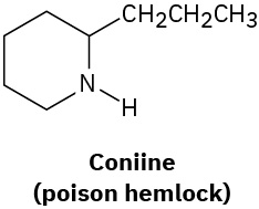 The structure of coniine (poison hemlock), in which N is in first position. C2 is bonded to a propyl group.
