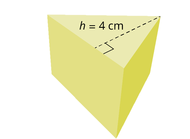 A triangular prism. The sides of the triangle are labeled l equals 7 centimeters, w equals 6 centimeters, and w equals 5 centimeters. The height of the triangle is labeled h equals 4 centimeters. The height of the prism is labeled h equals 4 centimeters.