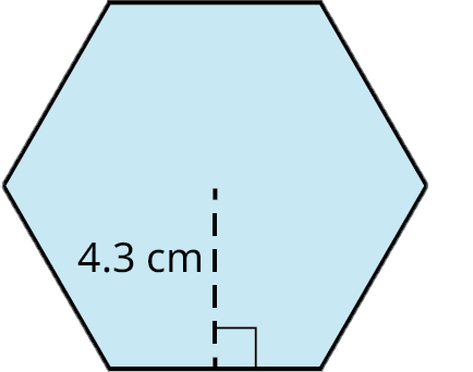 A hexagon. Each side measures 5 centimeters. The apothem is marked 4.3 centimeters.