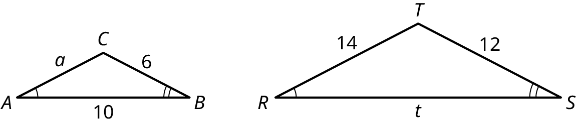 Two triangles, A B C and R S T. In the triangle A B C, the side A C measures a, the side B C measures 6, and the side A B measures 10. In the triangle R S T, the side R T measures 14, the side T S measures 12, and the side R S measures t. The angles, A and R are congruent. The angles, B and S are congruent.
