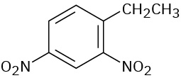 In a benzene ring, C 1 is bonded to a 2-carbon chain. C 2 and C 4 are each bonded to an N O 2 group.