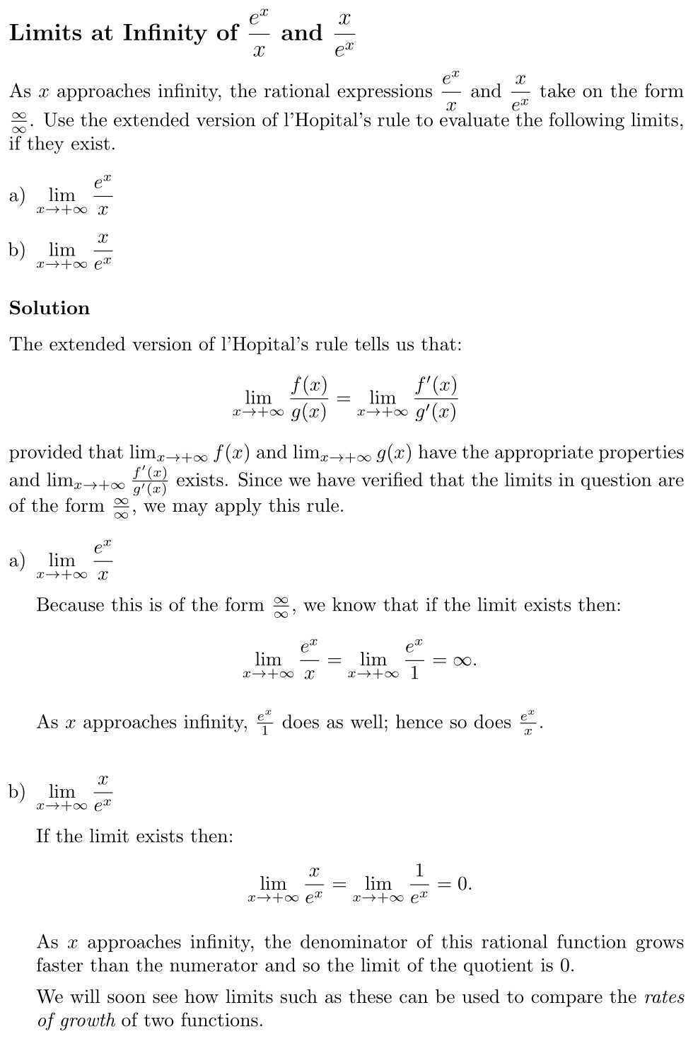 Answer Limits at Infinity of eˣ/x and x/eˣ
