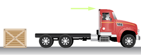 The figure shows a truck moving to the right at 100 kilometers per hour and a 50 kilogram crate on the ground behind the truck.
