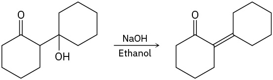 A tertiary alcohol reacts in the presence of sodium hydroxide and ethanol to form a product with a double bond.