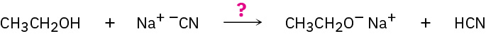 Ethanol and sodium cyanide with an arrow pointing toward products sodium ethoxide and hydrocyanic acid. There is a question mark over the arrow.