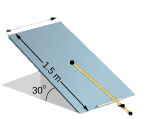 Figure is a schematic drawing of a trapdoor that is 1.0 m by 1.5 m. Door is supported by a single hinge labeled H, and by a light rope tied between the middle of the door and the floor. The door makes a 30 degree angle with the floor and the rope makes a 20 degree angle with the floor.