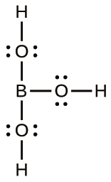 This Lewis structure is composed of a boron atom that is single bonded to three oxygen atoms, each of which has two lone pairs of electrons. Each oxygen atom is single bonded to a hydrogen atom.