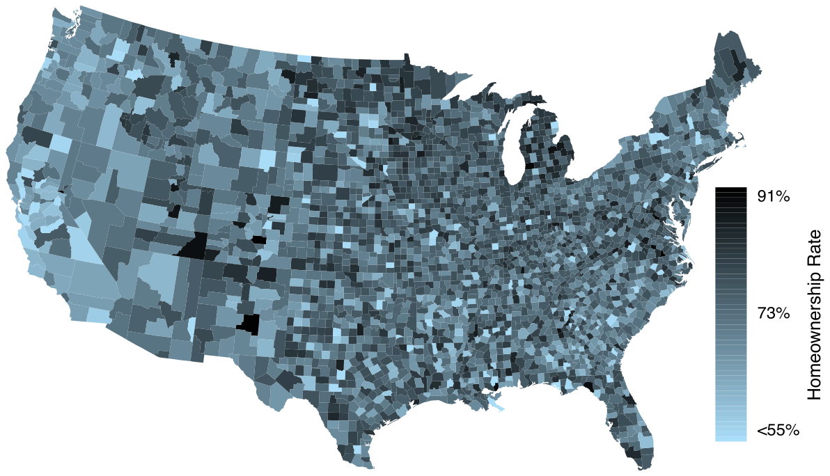 An intensity map of the United States is shown for homeownership rate, where each county is colored a shade representing a value between below 55% and over 91% for the homeownership rate. The data look mostly random but may be slightly lower in the west, especially along the California coast, and shading representing slightly higher values in the upper midwest as well as in Florida.