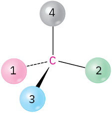 A central carbon is single bonded to substituents 4 and 2, wedge bonded to 3, and dash bonded to 1 (clockwise).