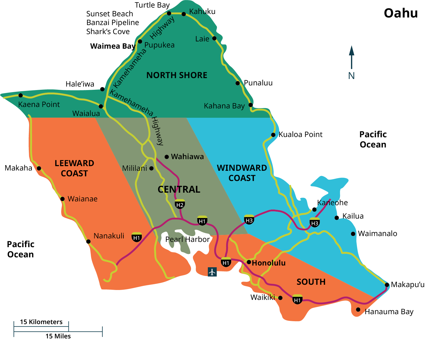 A map shows the regions of Oahu. The regions are North Shore, Leeward Coast, Central, Windward Coast, and South.
